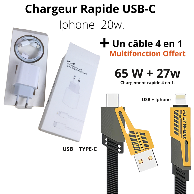 Chargeur Rapide  iPhone USB-C 20W + Câble 4 en 1 Offert